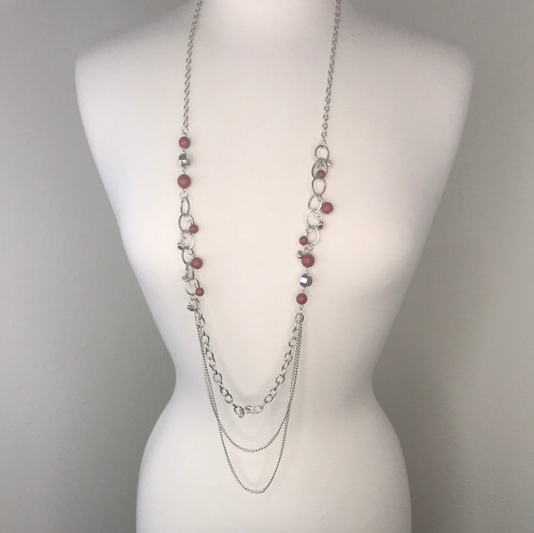 Vintage Long Silver and Deep Red Beaded Necklace