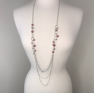 Vintage Long Silver and Deep Red Beaded Necklace